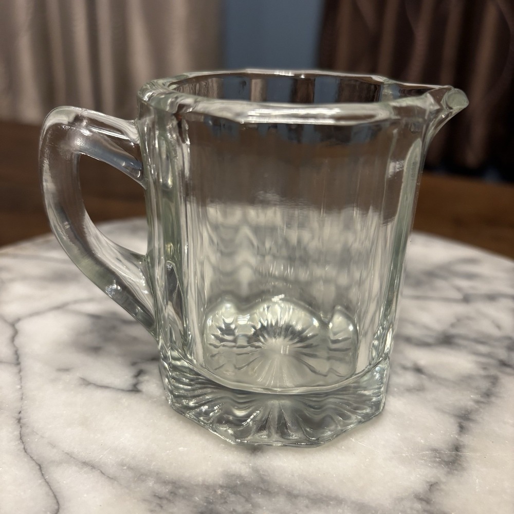 VTG 3" Mini Colonial Clear Glass Creamer Syrup Pitcher 10 Panel Sunburst Bottom - Picture 8 of 9